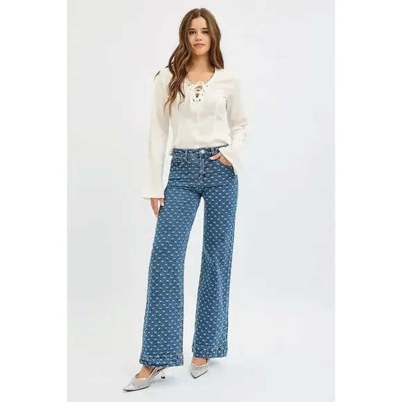 RISEN High Rise Bow Embroidered Details Zip Fly Dark Wash Wide Leg Denim Jeans